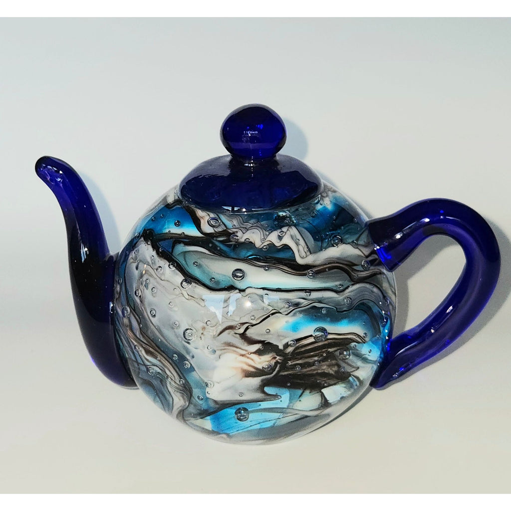 Dynasty Gallery Teapot Paperweight, Blue Swirl, Bubbles, Cobalt, Hand Blown Glass