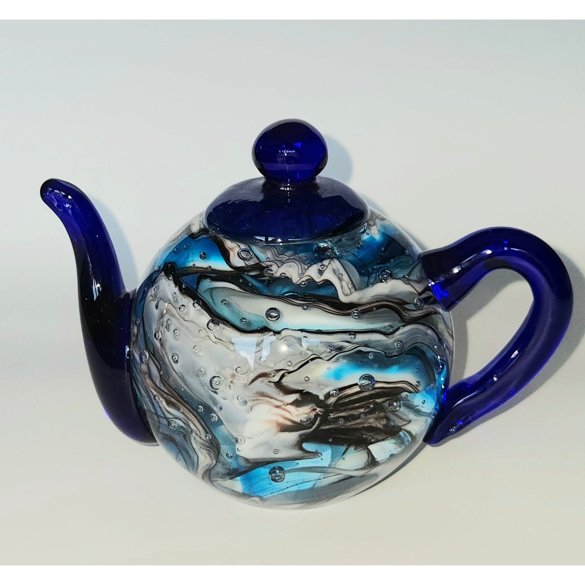 Dynasty Gallery Teapot Paperweight, Blue Swirl, Bubbles, Cobalt, Hand Blown Glass