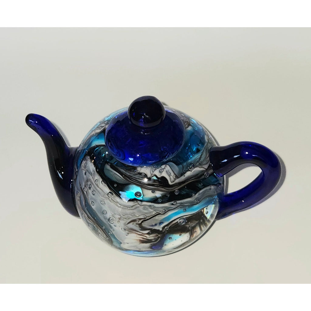 Dynasty Gallery Teapot Paperweight, Blue Swirl, Bubbles, Cobalt, Hand Blown Glass
