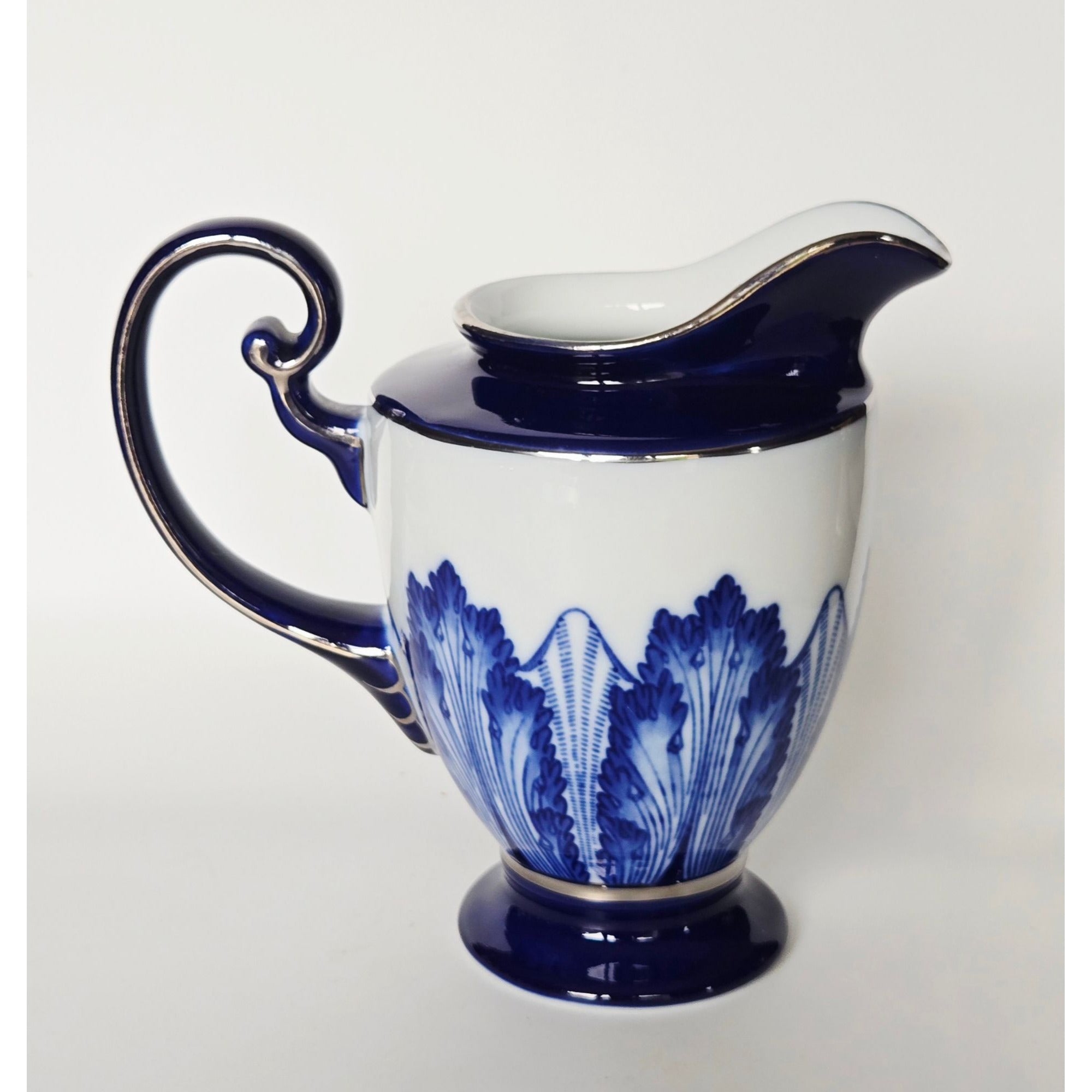 Vintage Blue & White Bombay Porcelain Creamer With Leaf Detailing - Elegant Decorative Pitcher 6" x 6"