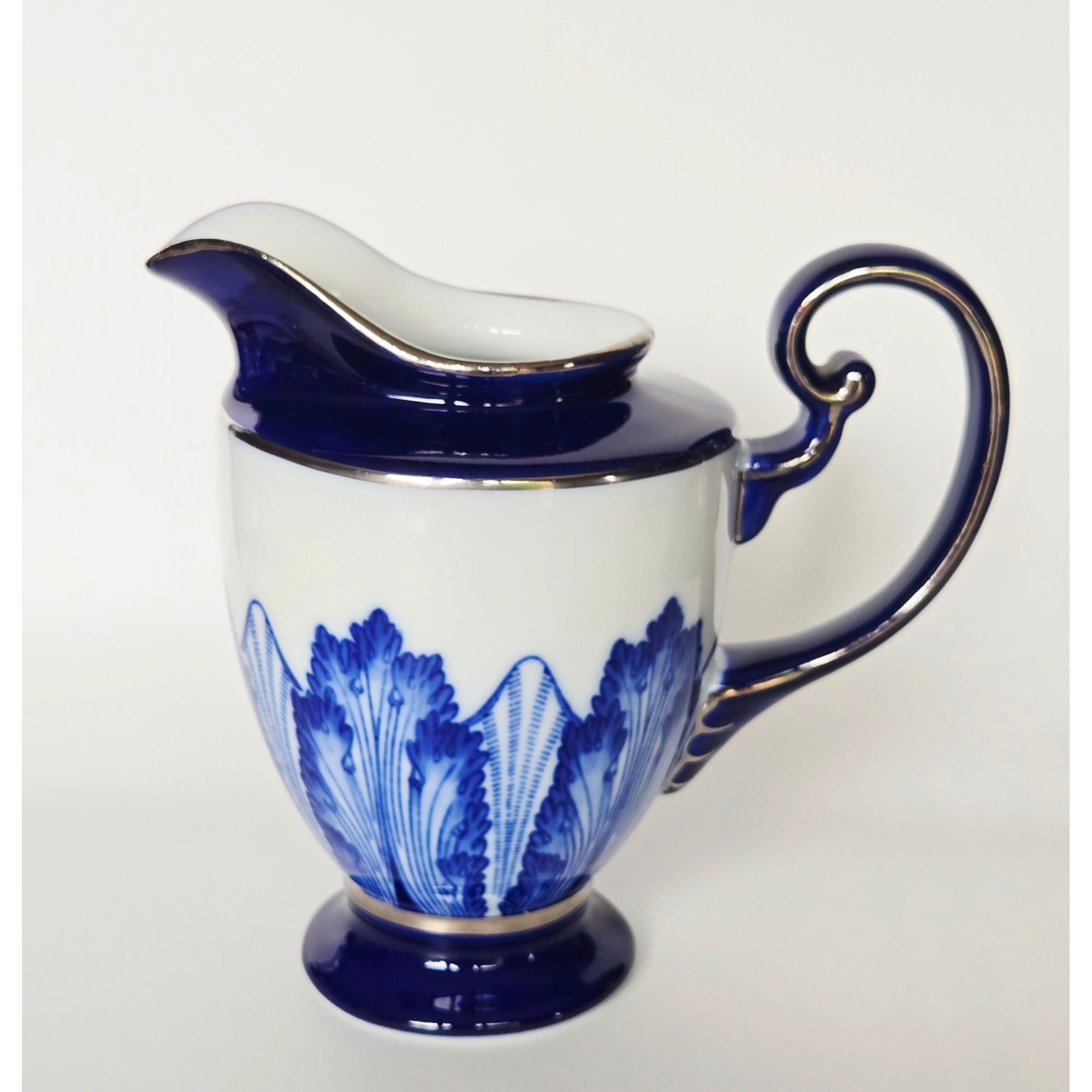 Vintage Blue & White Bombay Porcelain Creamer With Leaf Detailing - Elegant Decorative Pitcher 6" x 6"