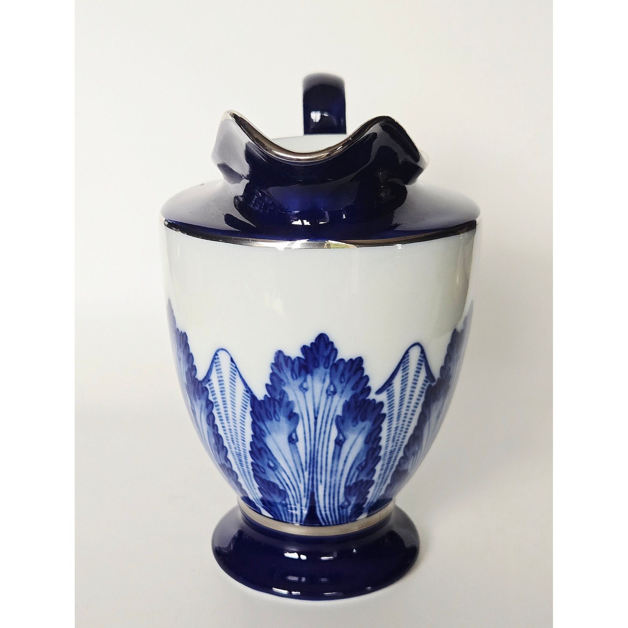 Vintage Blue & White Bombay Porcelain Creamer With Leaf Detailing - Elegant Decorative Pitcher 6" x 6"