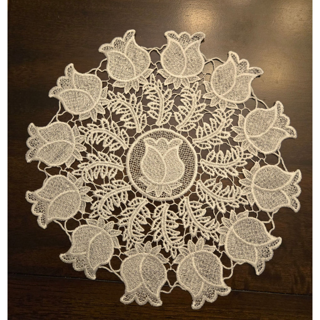 Handmade White Lace Doily Floral Tulip Design Round