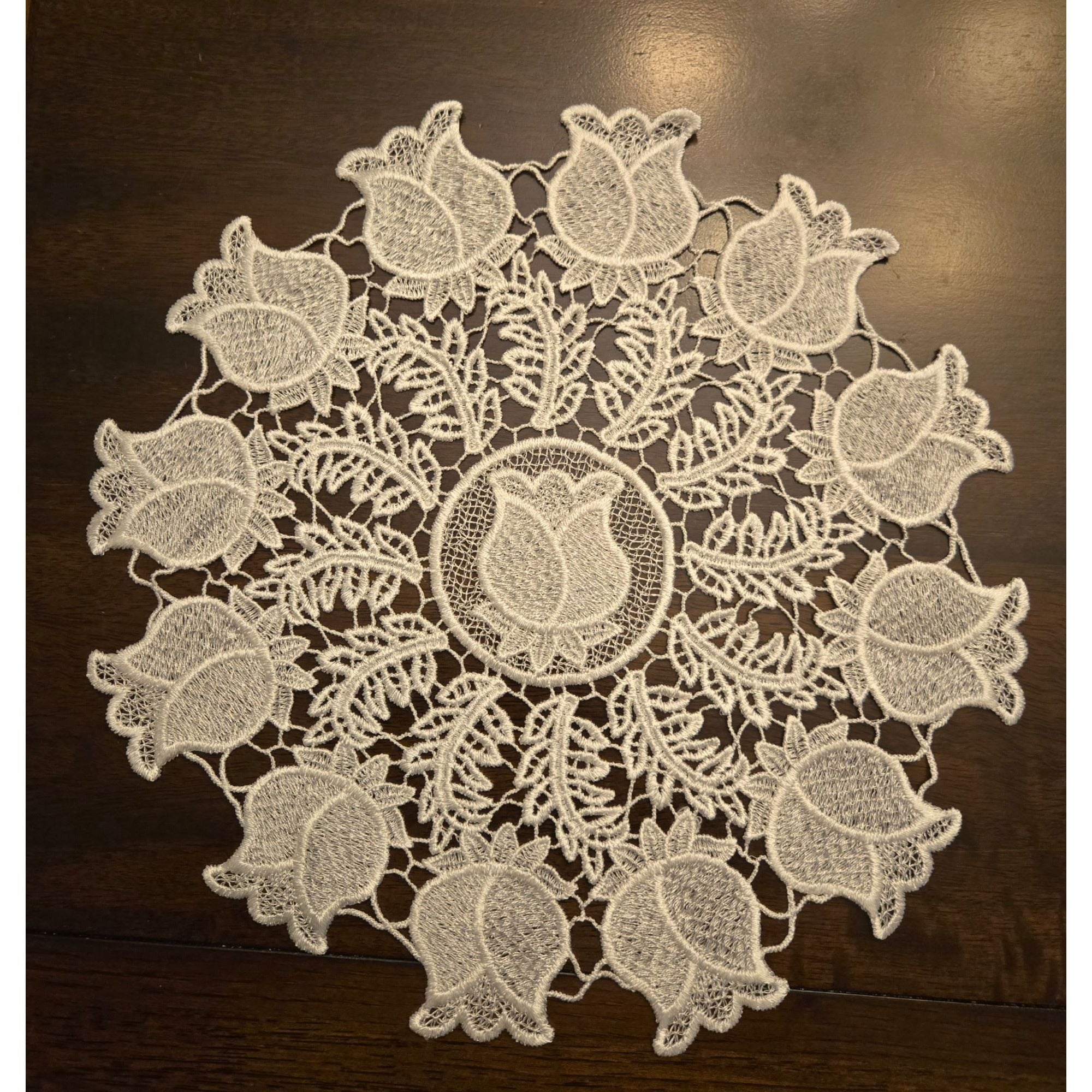 Handmade White Lace Doily Floral Tulip Design Round