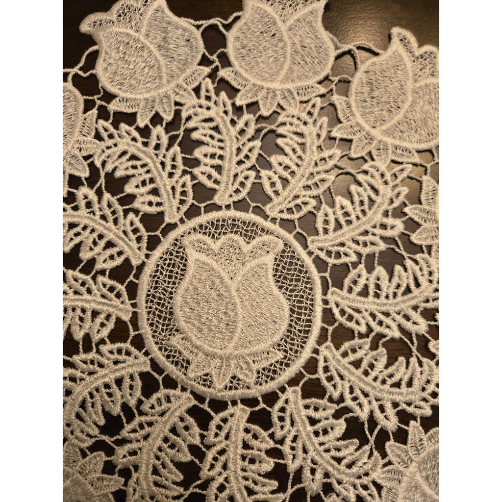 Handmade White Lace Doily Floral Tulip Design Round