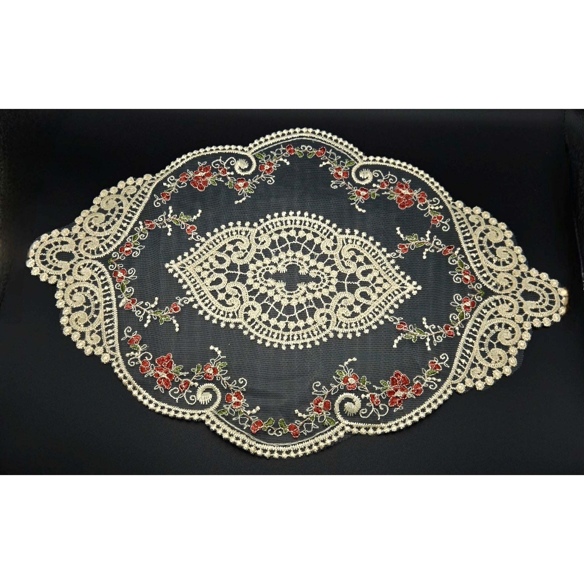 Vintage Lace Table Doile With Pink floral Embroidery & Scalloped Edges