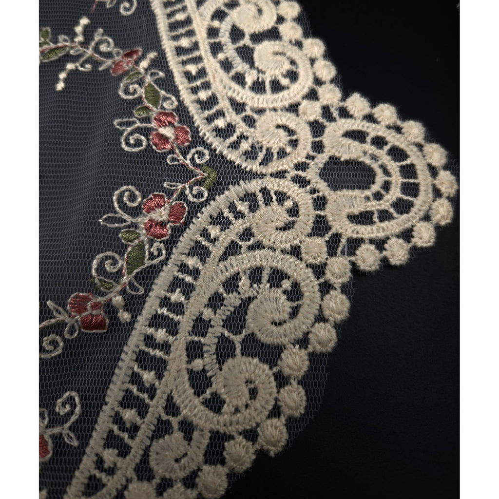 Vintage Lace Table Doile With Pink floral Embroidery & Scalloped Edges