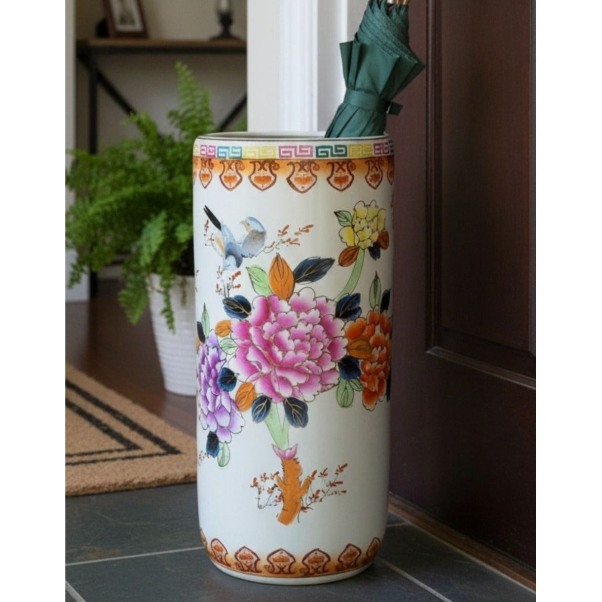 1980s Famille Rose Umbrella Stand Hand Painted Ceramic, Pink Floral, China 18"