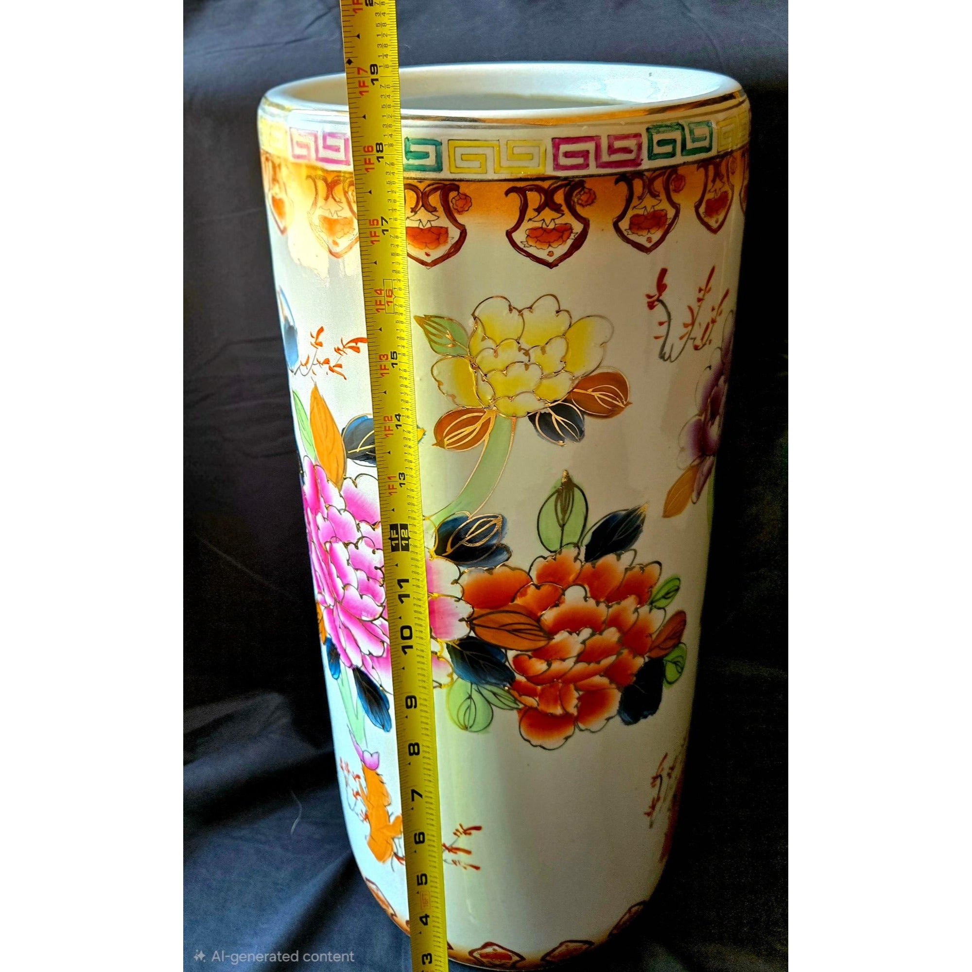 1980s Famille Rose Umbrella Stand Hand Painted Ceramic, Pink Floral, China 18"