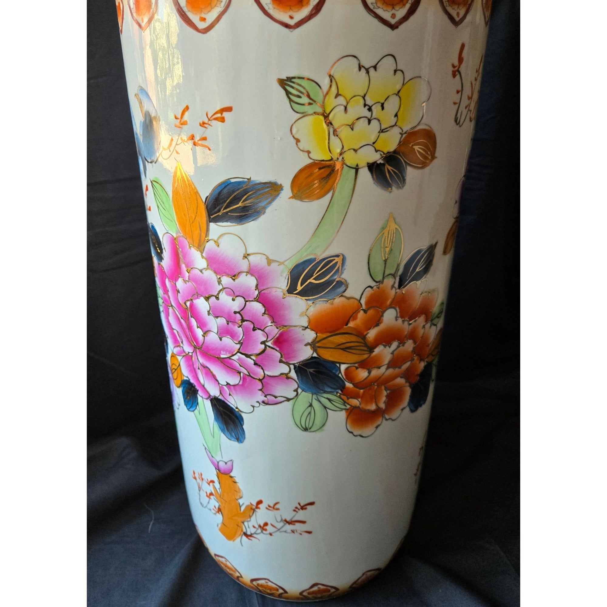 1980s Famille Rose Umbrella Stand Hand Painted Ceramic, Pink Floral, China 18"