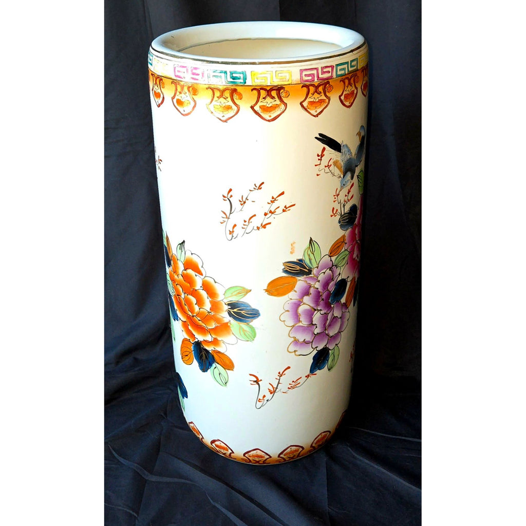 1980s Famille Rose Umbrella Stand Hand Painted Ceramic, Pink Floral, China 18"