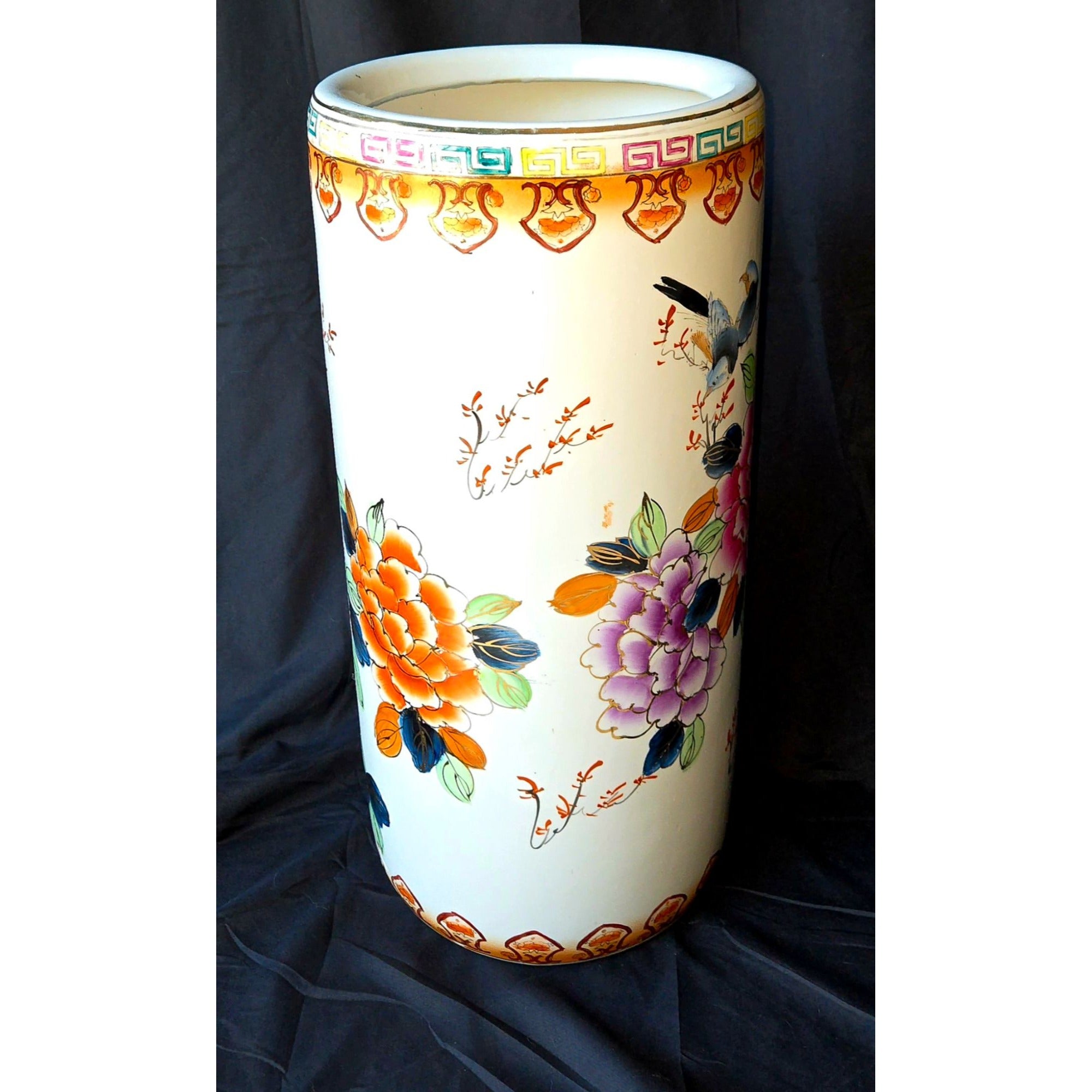 1980s Famille Rose Umbrella Stand Hand Painted Ceramic, Pink Floral, China 18"