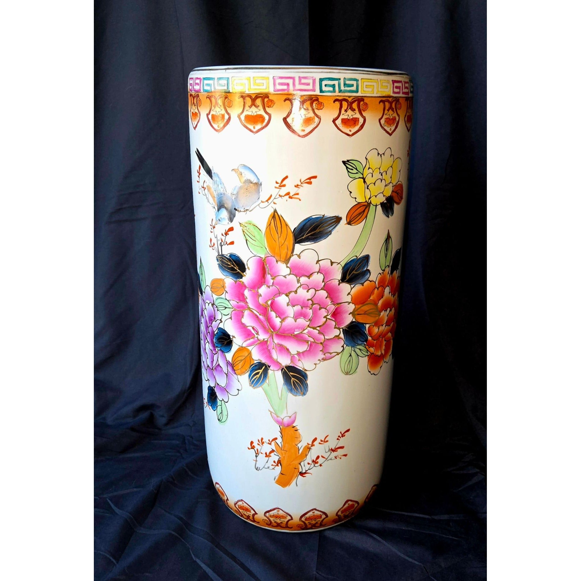 1980s Famille Rose Umbrella Stand Hand Painted Ceramic, Pink Floral, China 18"