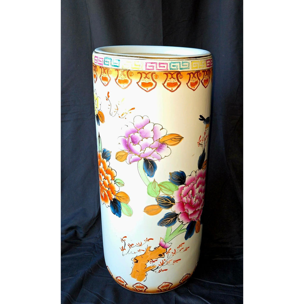 1980s Famille Rose Umbrella Stand Hand Painted Ceramic, Pink Floral, China 18"