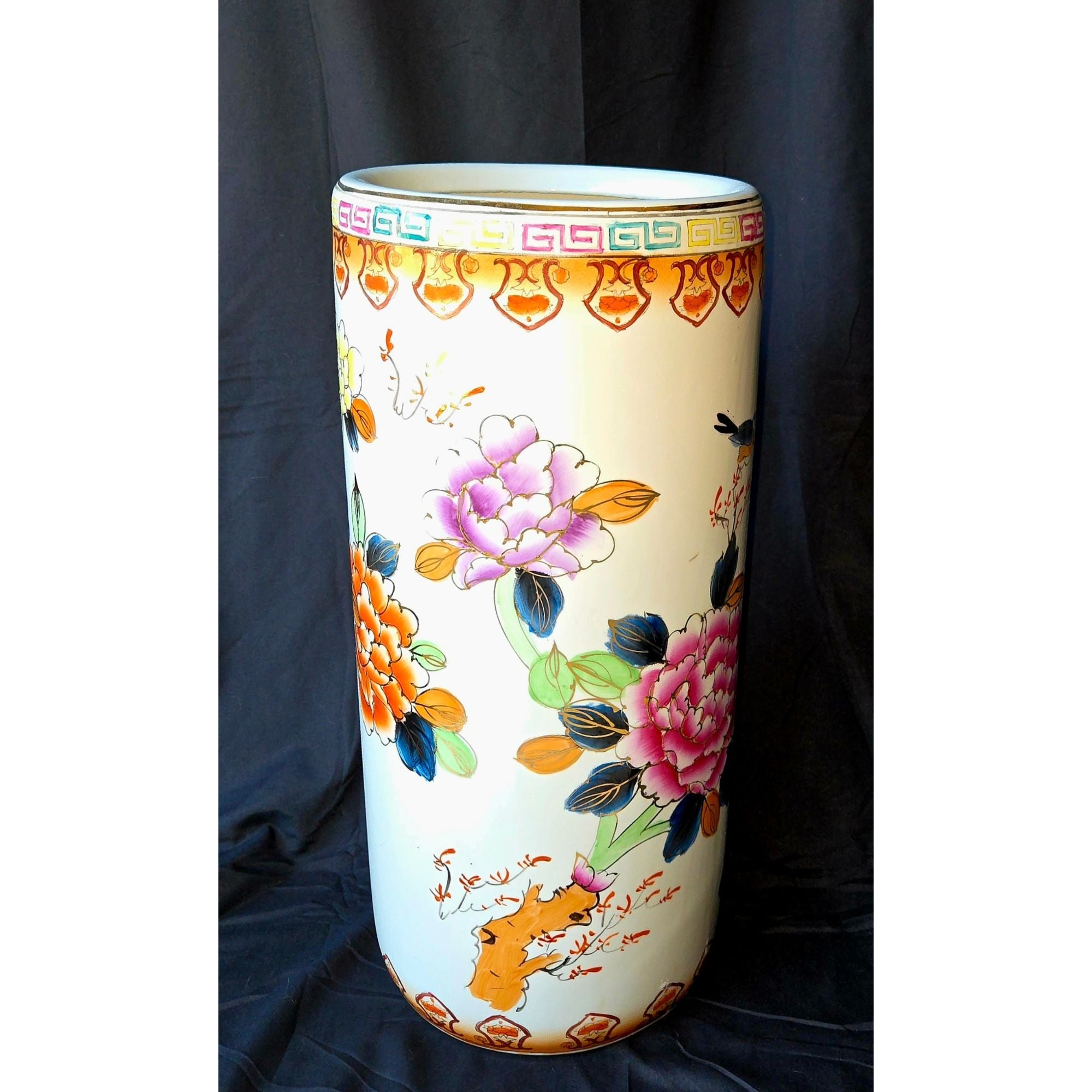 1980s Famille Rose Umbrella Stand Hand Painted Ceramic, Pink Floral, China 18"