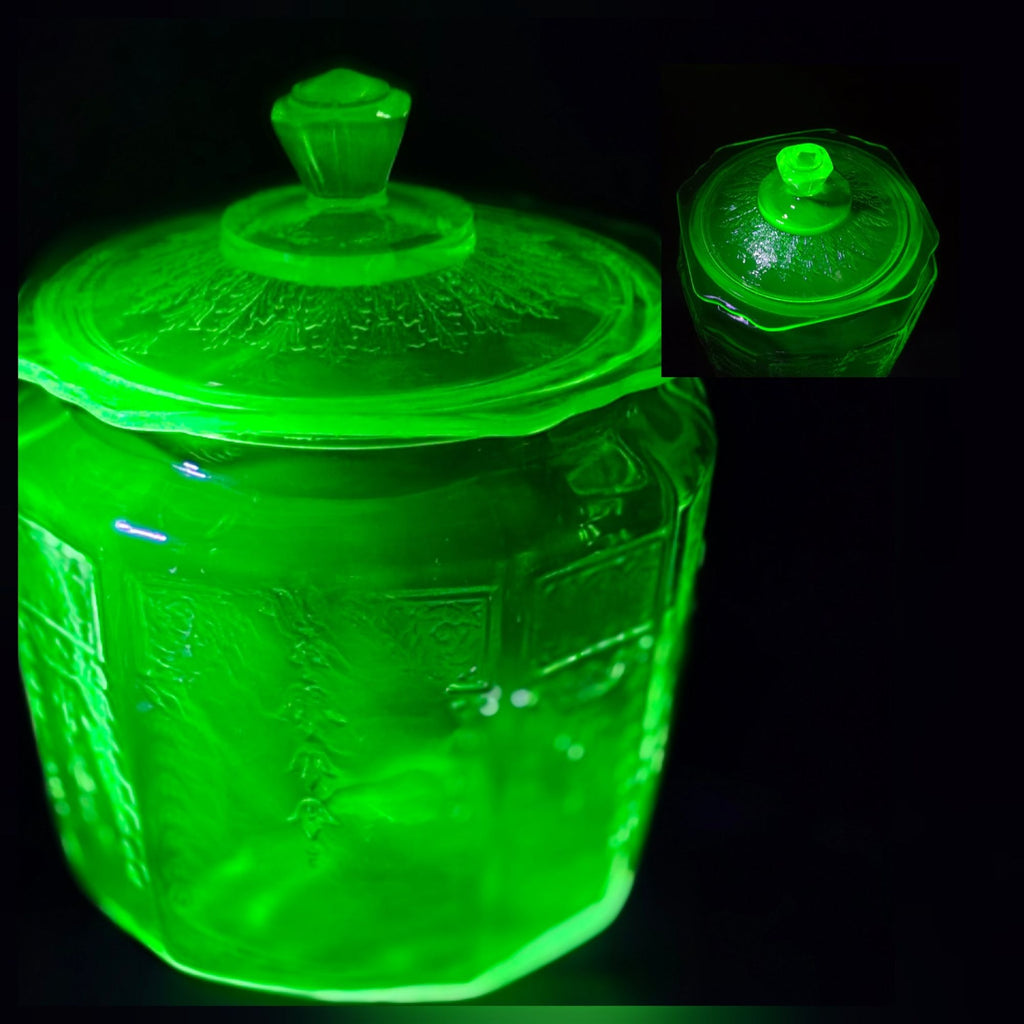 Vintage Anchor Hocking Uranium Glass Jar / Canister With Lid Glows