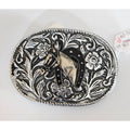 Vintage Horsehead Western Belt Buckle Silver-Tone Floral Design 3.5" x 2.5"