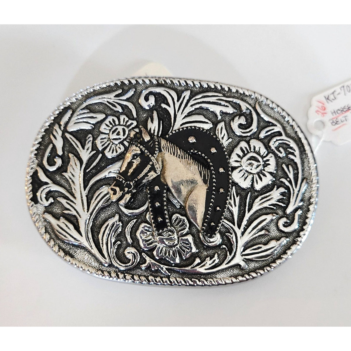 Vintage Horsehead Western Belt Buckle Silver-Tone Floral Design 3.5" x 2.5"