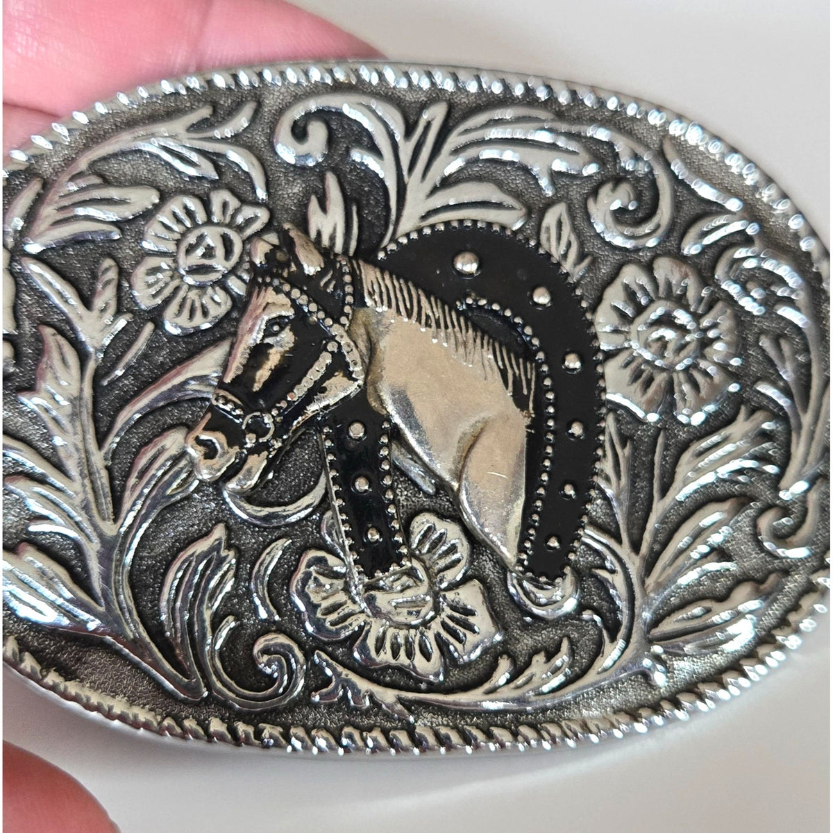 Vintage Horsehead Western Belt Buckle Silver-Tone Floral Design 3.5" x 2.5"