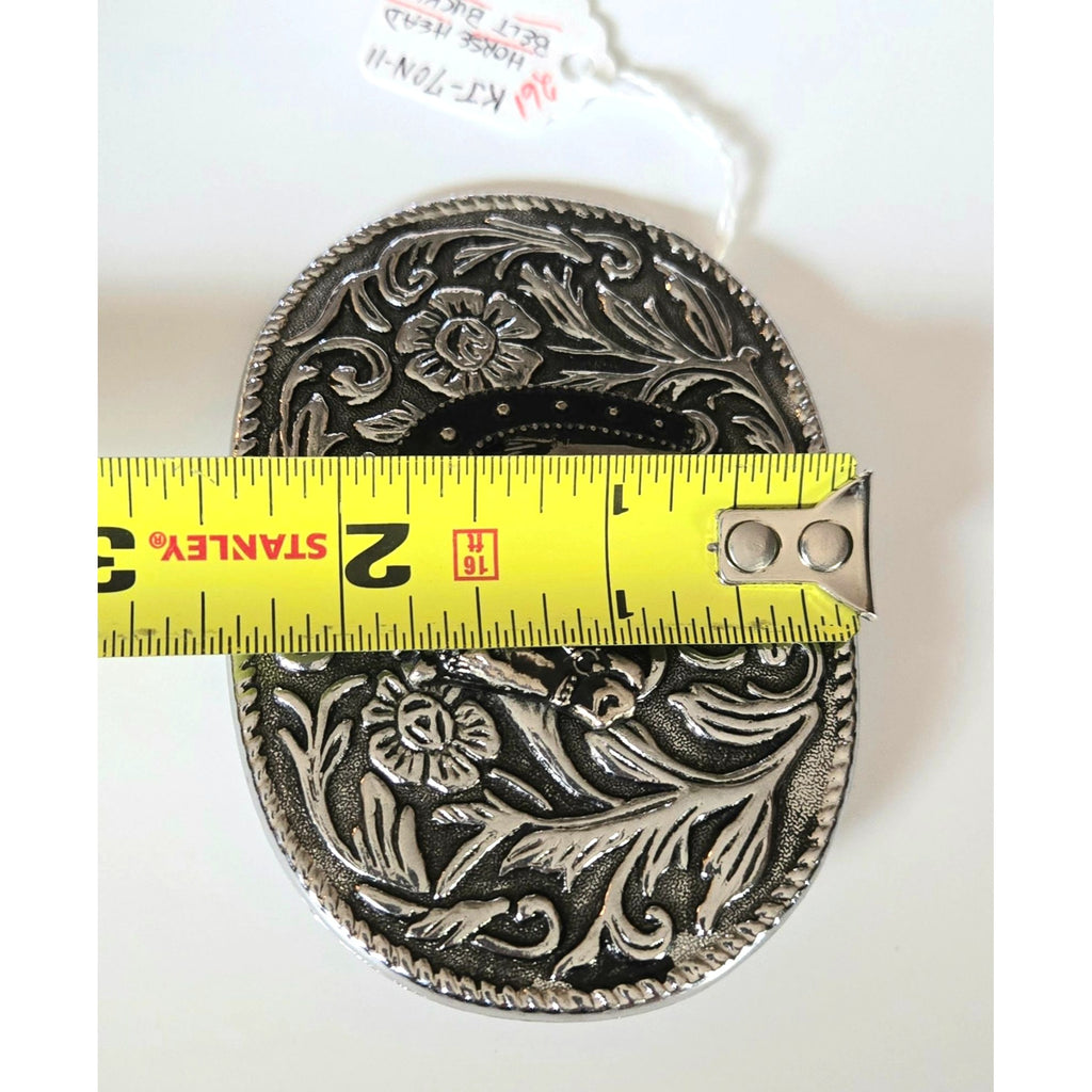 Vintage Horsehead Western Belt Buckle Silver-Tone Floral Design 3.5" x 2.5"