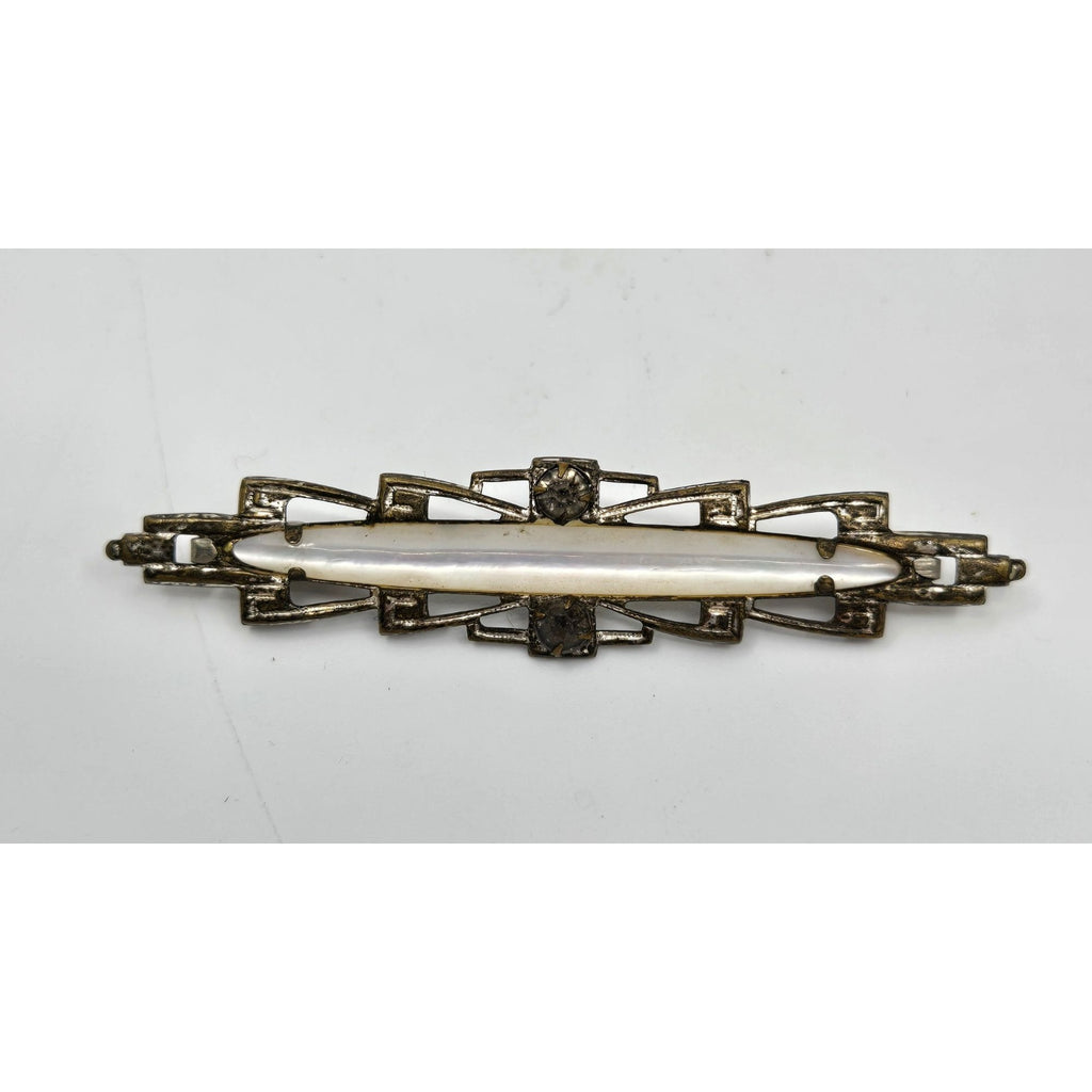 Victorian Elongated Metal and Mother of Pearl Collar brooch