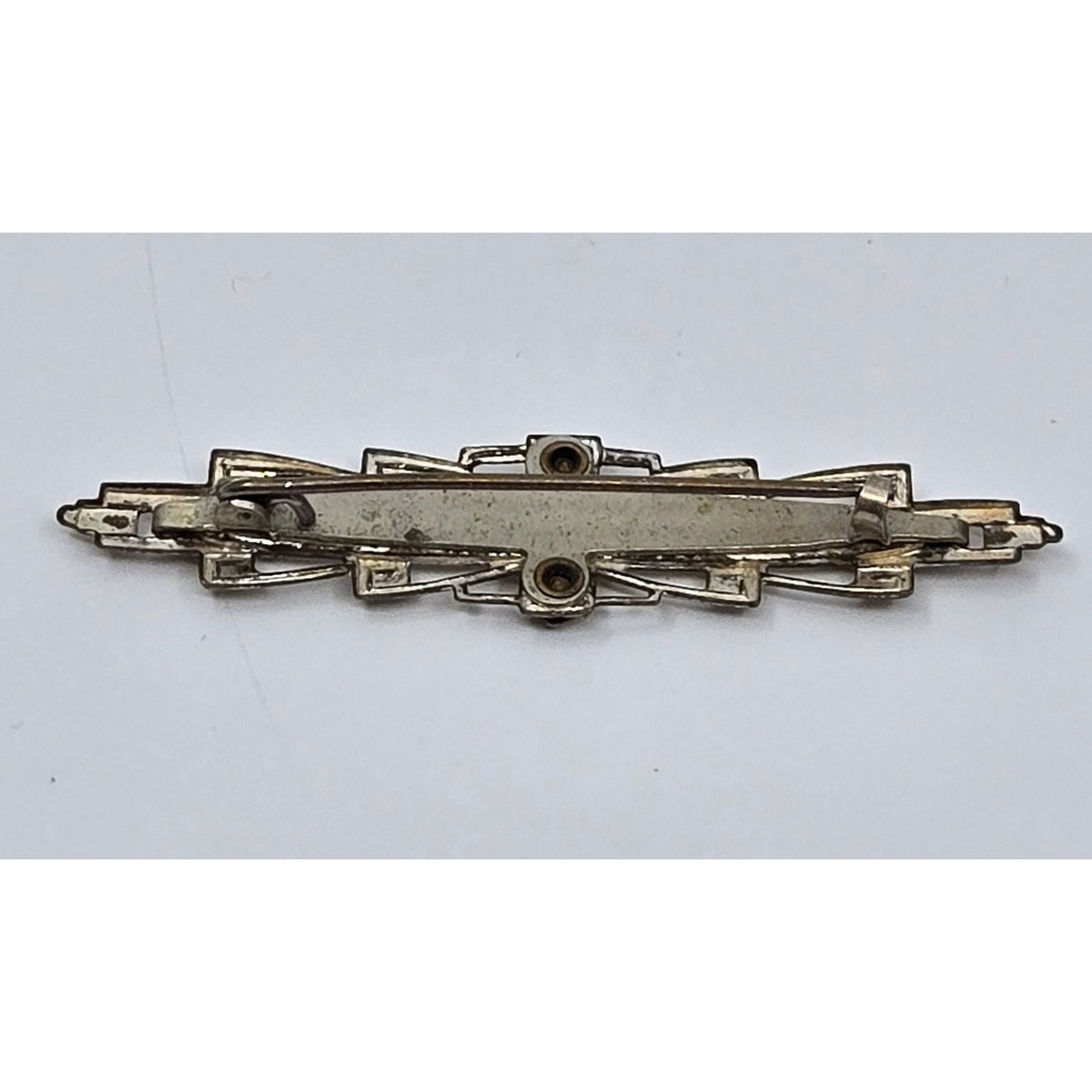 Victorian Elongated Metal and Mother of Pearl Collar brooch